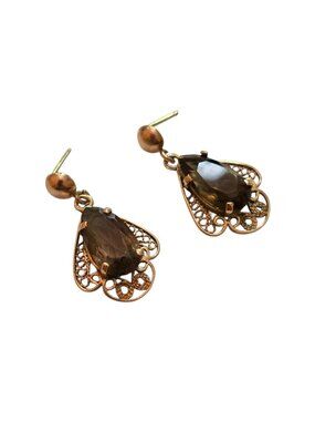 Antique 14kt Gold Filigree Pierced Earrings with Tourmaline Stone (A7748)